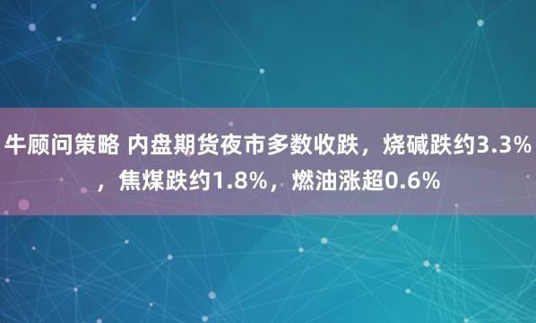 牛顾问策略 内盘期货夜市多数收跌，烧碱跌约3.3%，焦煤跌约1.8%，燃油涨超0.6%